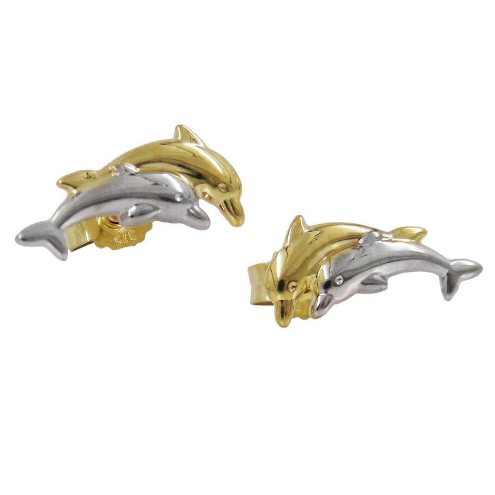 Boucles d'oreilles or 9 carats motif dauphins bicolores