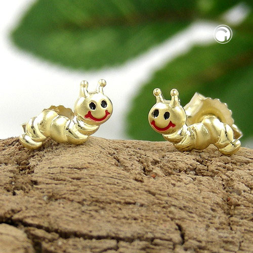 Boucles d'oreilles enfant or 9k, ver avec yeux noirs et bouche rouge
