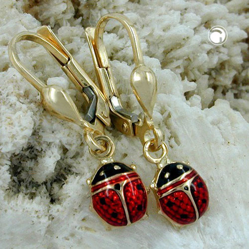 Boucles d'oreilles enfant or 375 forme coccinelle émaillée fermoir leverback