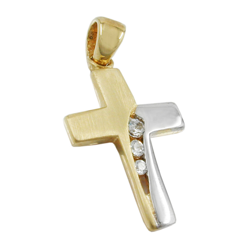 Pendentif croix or bicolore avec zirconias blancs