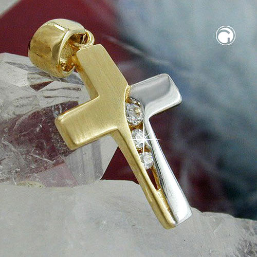 Croix or 9 carats rhodiée et or jaune avec zirconias