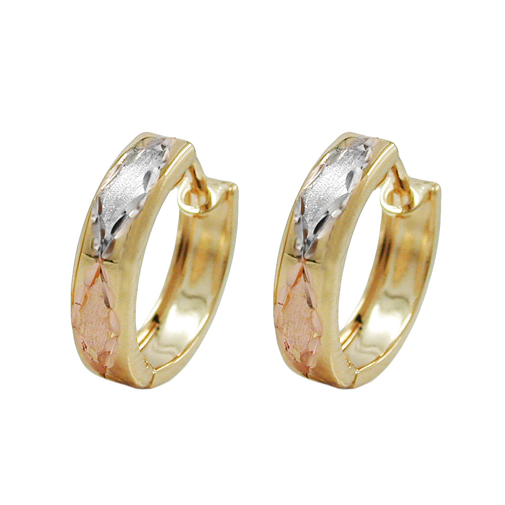 Boucles d'oreilles créoles en or 9 carats tricolore avec losanges rhodié et rose