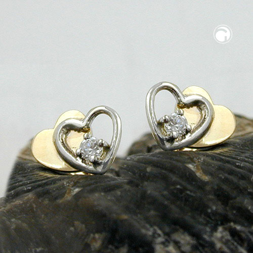 Paire de boucles d'oreilles or 9 carats cœur bicolore
