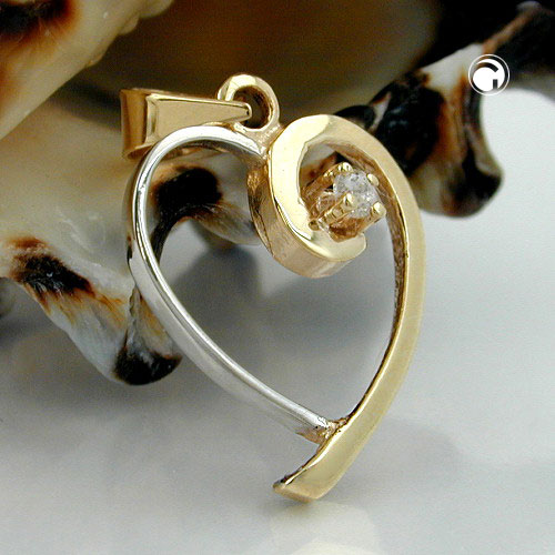 Pendentif or 9 carats forme cœur bicolore détail zirconias