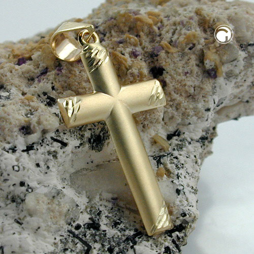 Croix en or 9k vue de face, surface mate et bords diamantés
