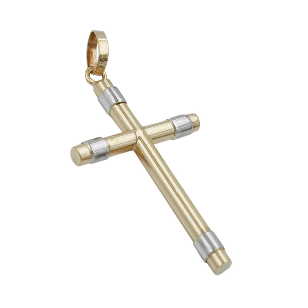 Pendentif croix bicolore en or 9K sur fond blanc