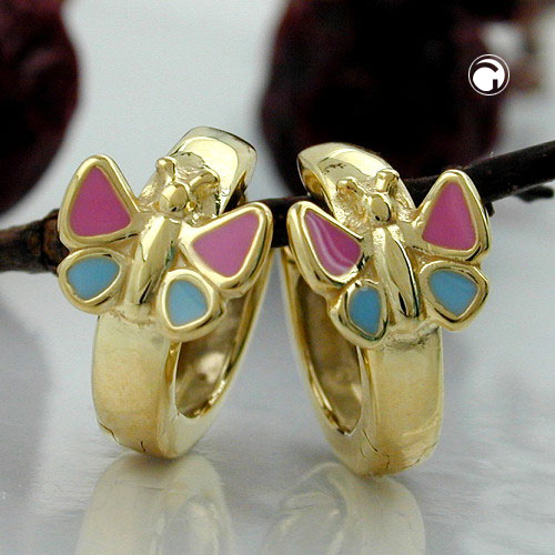 Créoles or enfant motif papillon laqué bleu et rose
