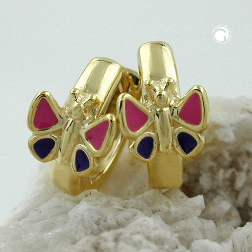 Créoles or papillons aux ailes laquées rose et bleu - vue de face