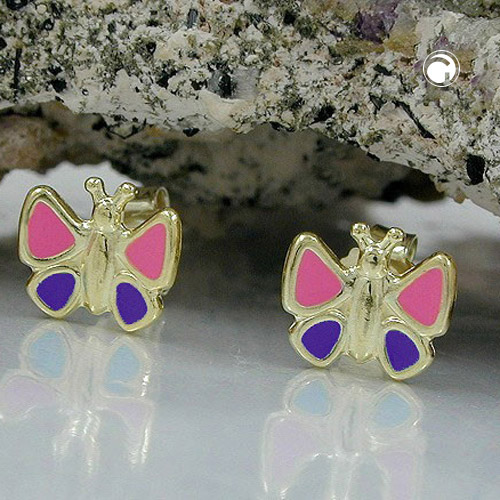 Paire de boucles d'oreilles enfant or 9k motif papillon laqué