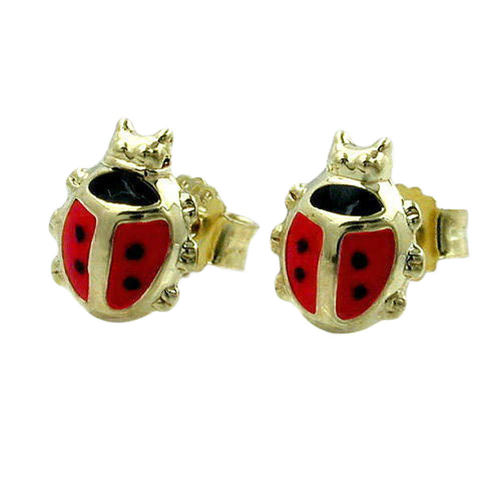 Boucles d'oreilles or 9K forme coccinelle laquée rouge et noir