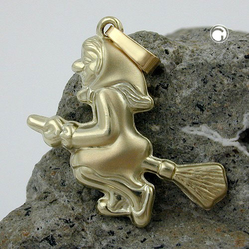 Pendentif sorcière en or 375, profil, sorcière sur balai