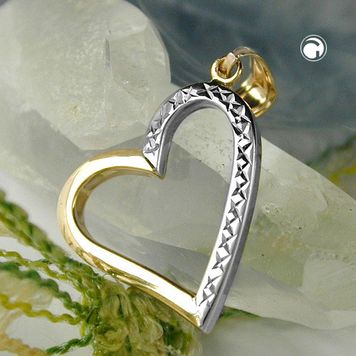 Pendentif or 9k forme cœur avec finition diamantée or jaune et blanc