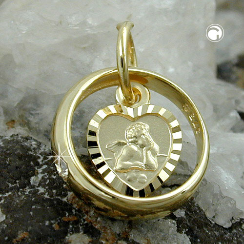 Bijou baptême or 9k pendentif anneau cœur ange protection