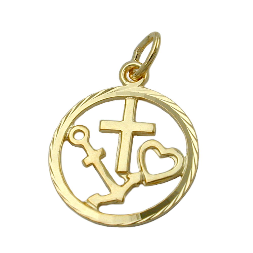 Pendentif or 9 carats foi espérance charité avec croix cœur ancre