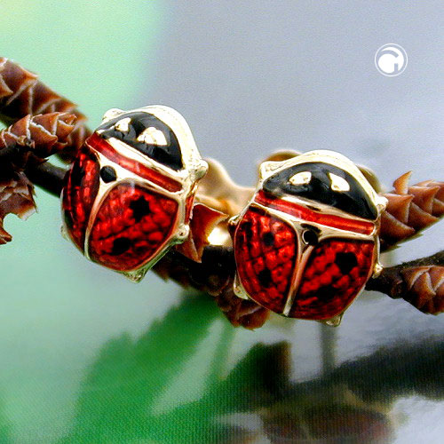 Paire de boucles d'oreilles or 375/000 motif coccinelle laqué