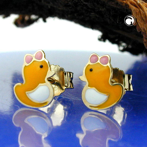 Paire de boucles d'oreilles or en forme de canard, vue de profil