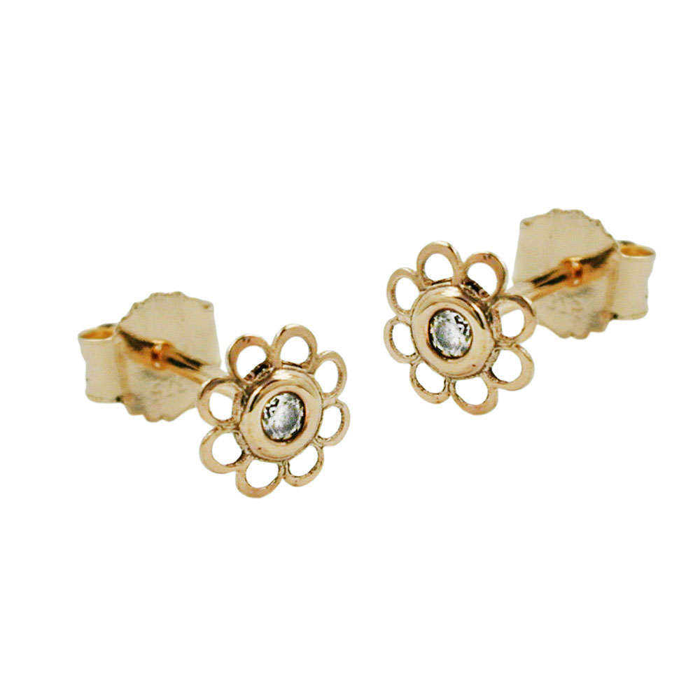 Boucles d'oreilles or 9 carats forme fleur avec zirconium