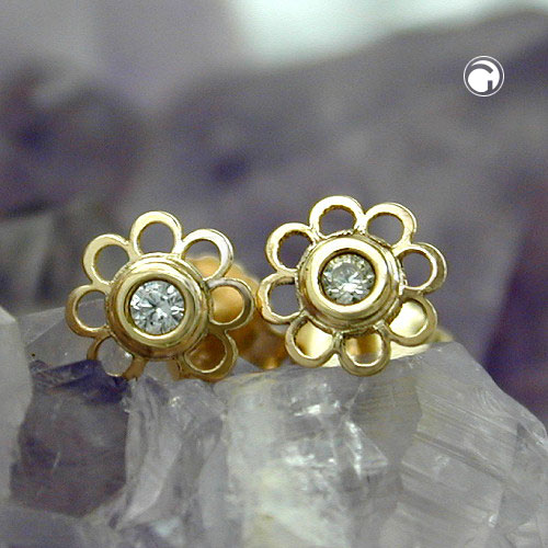 Paire de boucles d'oreilles or fleur zirconium vue de dessus