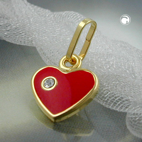Pendentif or 9k forme cœur surface laquée rouge et pierre zirconium