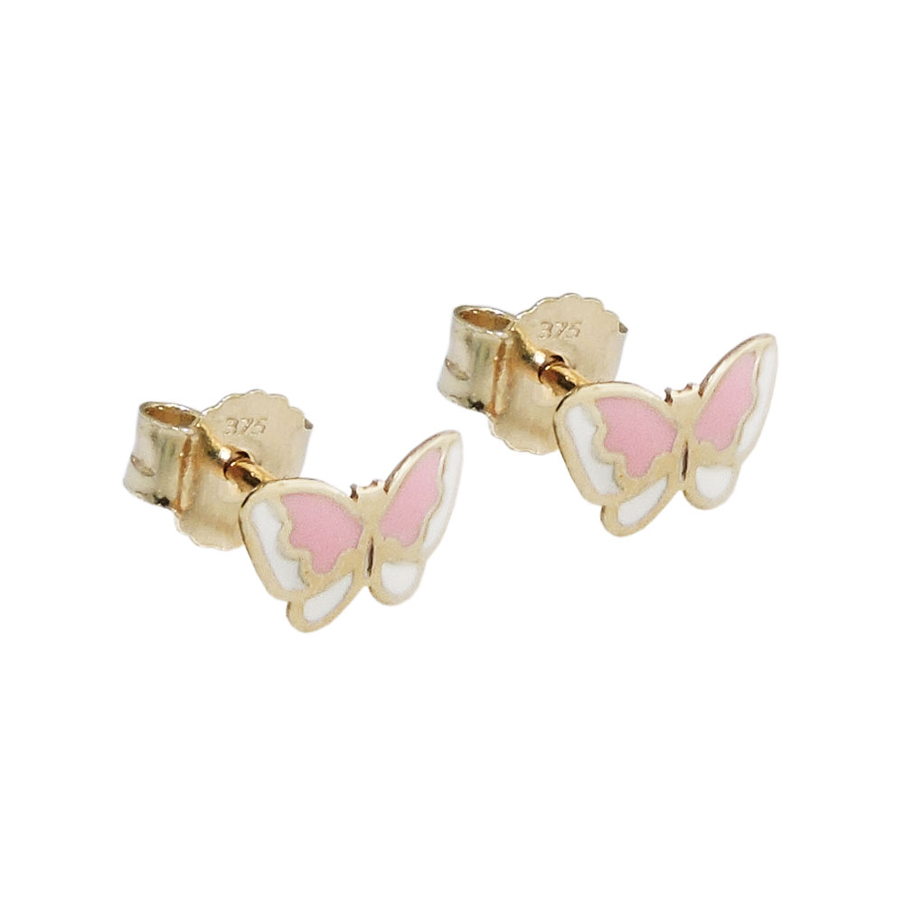 Boucles d'oreilles or 9 carats papillon laqué rose et blanc vue de face