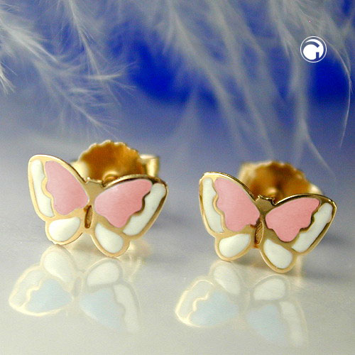 Boucles d'oreilles or papillon laqué rose blanc vue de profil