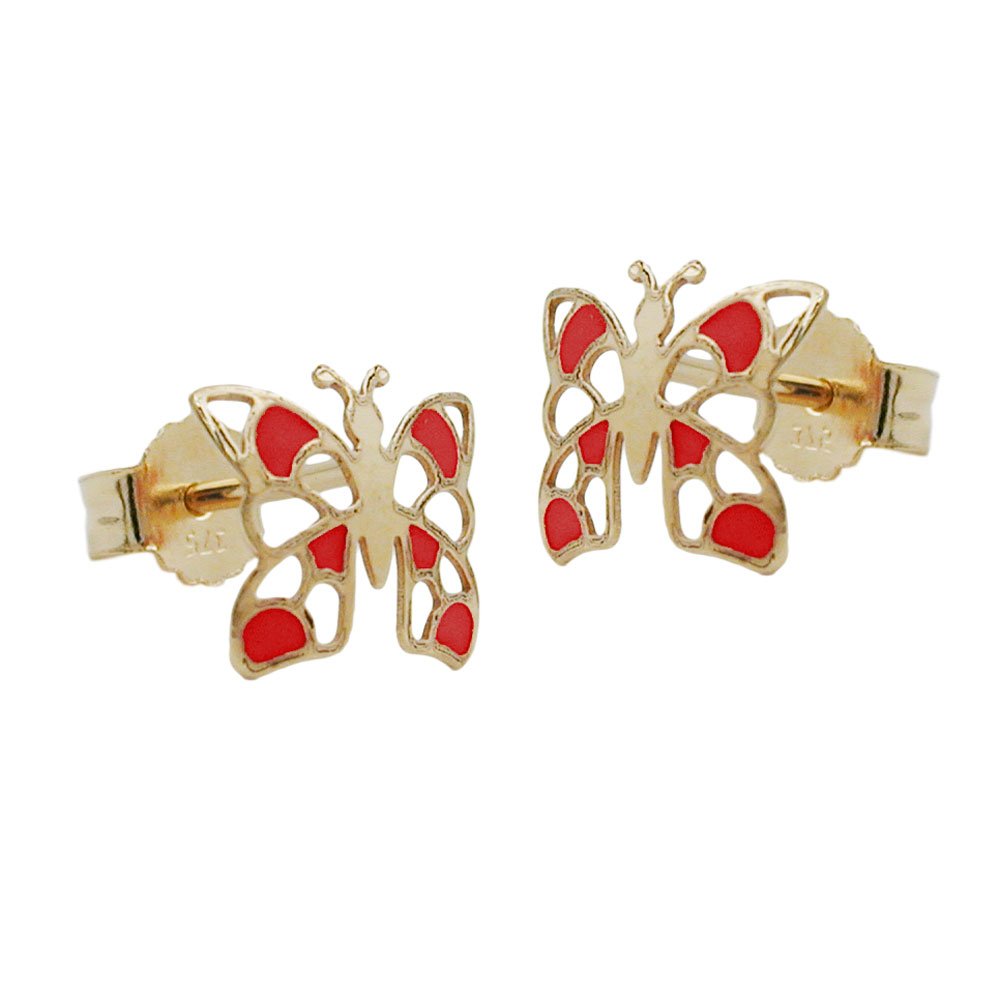 Boucles d'oreilles or 9 carats papillon émaillé rouge vue de face