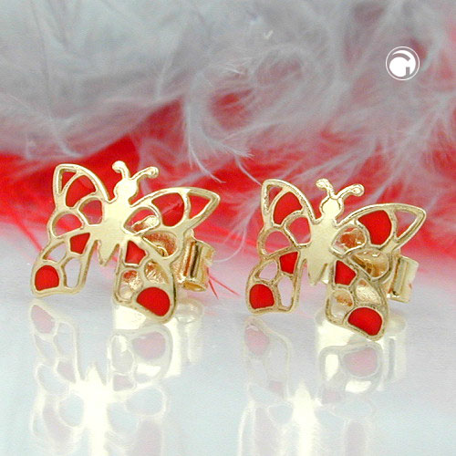 Boucles d'oreilles or papillon filigrane émail rouge fermoir papillon