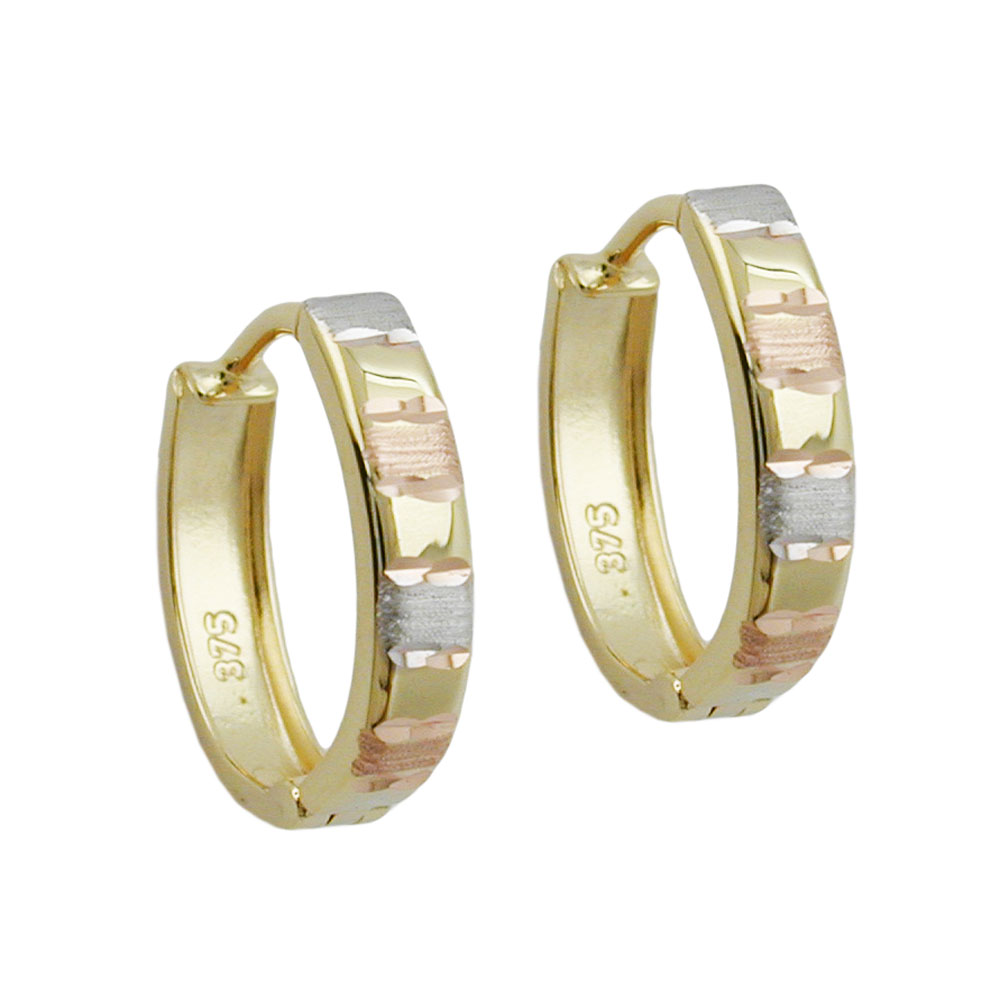 Boucles d'oreilles créoles or 9 carats taille diamant tricolore