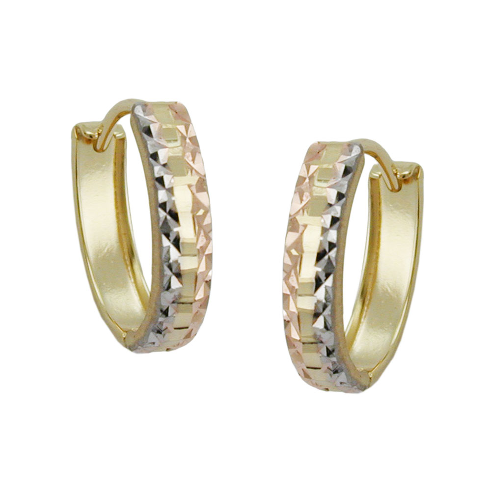 Boucles d'oreilles créoles or 9 carats tricolores facette diamant vue de face
