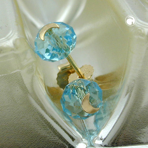 Paire de boucles d'oreilles or motif lune sur fond cristal bleu