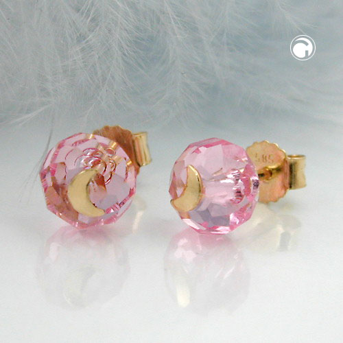Puces d'oreilles or motif lune et cristal rose 6mm