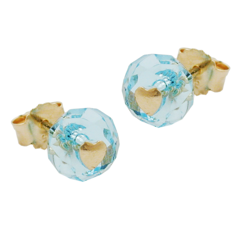 Boucles d'oreilles or 14K cœur cristal bleu aqua