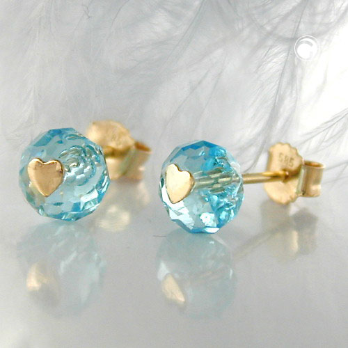 Paire de boucles d'oreilles or 585 cœur doré sur cristal aqua