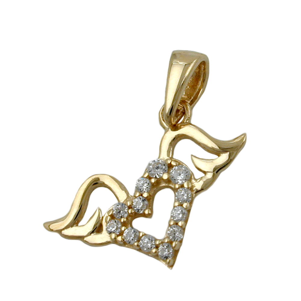 Pendentif or 9 carats cœur ailé avec zirconias