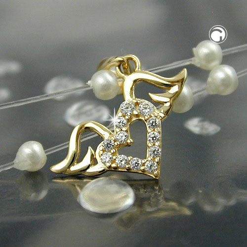 Pendentif or jaune forme cœur avec ailes serti de zircons