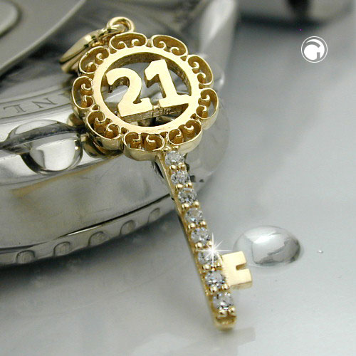 Pendentif clé or 9k numéro 21 avec strass