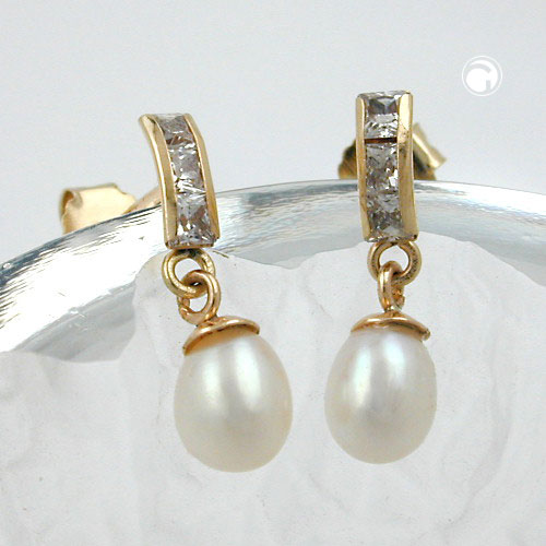 Paire de boucles d'oreilles or 9K perle zircon vue de face