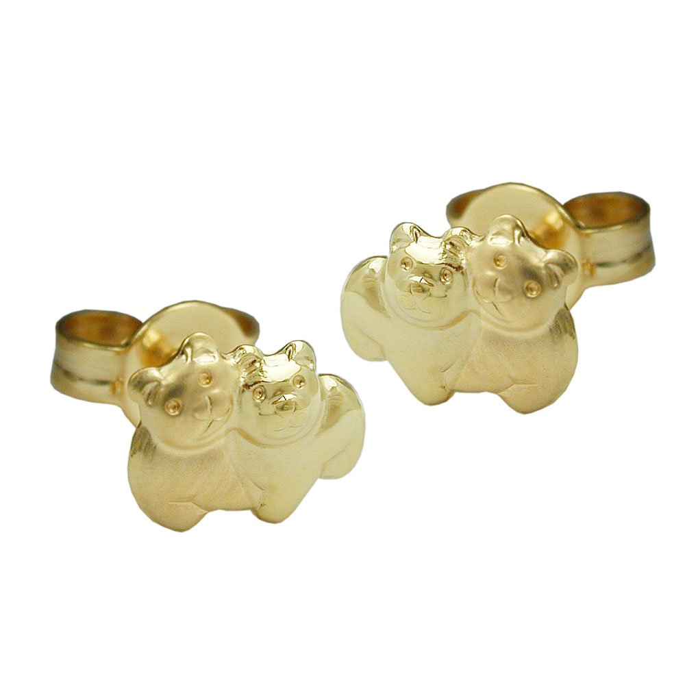 Boucles d'oreilles or 9 carats en forme d'ours, finition mate et brillante