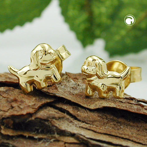 Paire de boucles d'oreilles or motif chien, vue de dessus