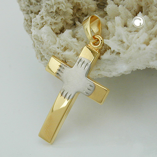 Pendentif croix en or jaune 375/1000 avec centre rhodié mat
