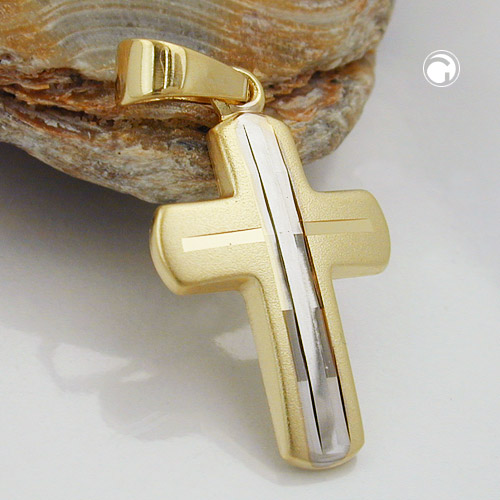 Croix or jaune rhodiée barre diamantée pendentif
