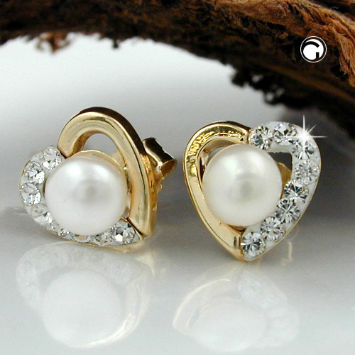 Paire de boucles d'oreilles or 9k avec perle blanche et zirconia