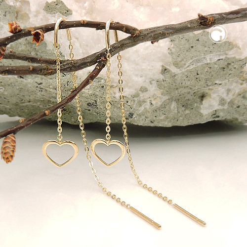 Boucles d'oreilles threader or 9 carats cœur et demi-nœud