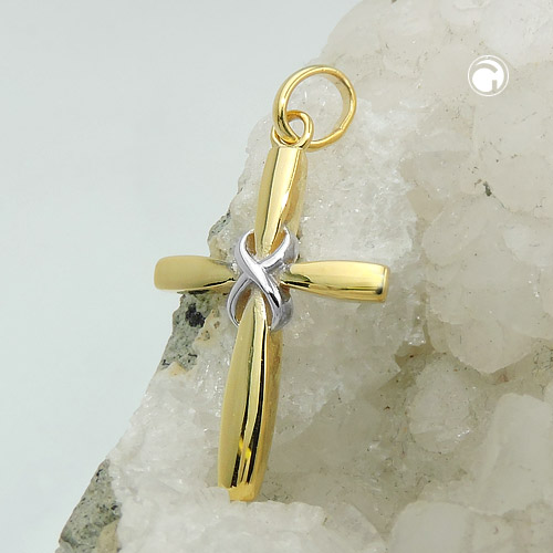 Pendentif croix or jaune et blanc 9k vue de face