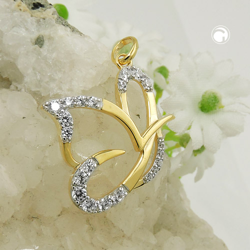 Pendentif papillon or 9k vu de profil, zircones scintillantes