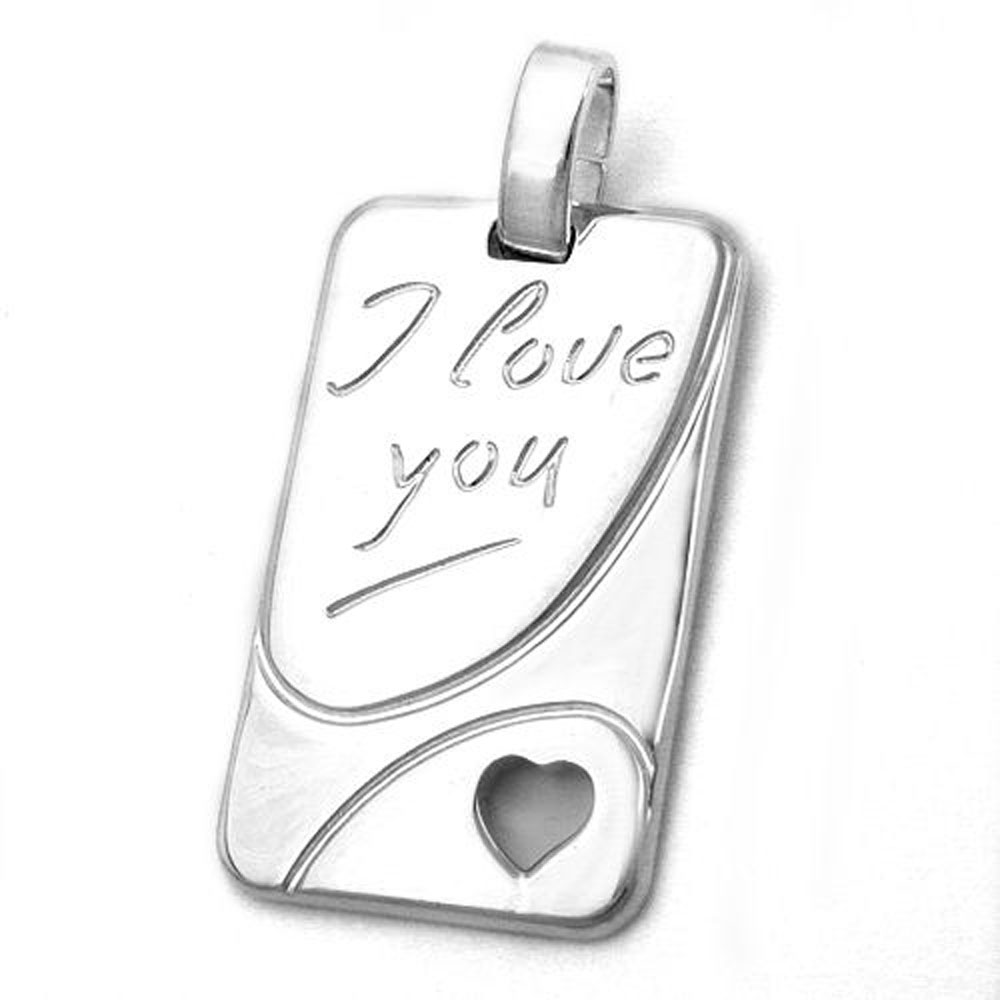Pendentif argent 925 gravé I Love You avec cœur découpé sur fond blanc