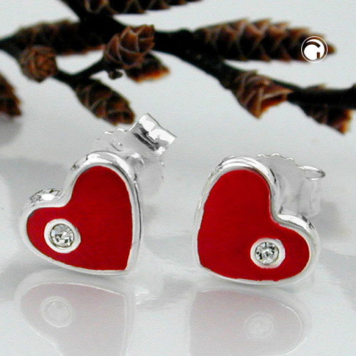 Paire de boucles d'oreilles argent coeur rouge zirconium vue de face