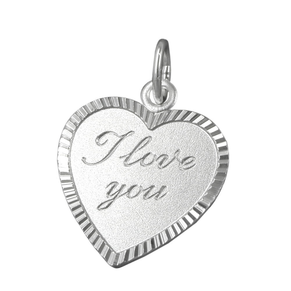 Pendentif argent 925 coeur mat gravé I love you avec liséré diamanté