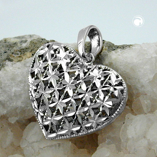 Pendentif argent sterling coeur avec détails fleurs