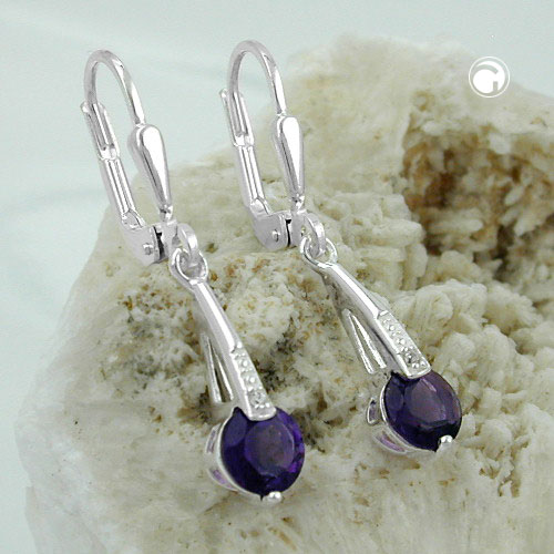 Paire de boucles d'oreilles argent sterling à levier, pierre violette